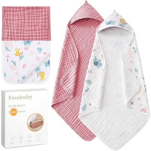 Muslin Bath Towel for Toddler 4 Pcs, 36x36 Inch 100% Muslin Cotton Baby Hooded Bath Towel and Washcloths for Babies, Infant and Kids, Soft and Absorbent Newborn Essential(Pink and Elephant)