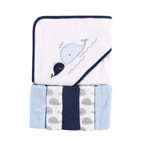 Luvable Friends Baby Boy Hooded Towel With Five Washcloths, Whale, One Size