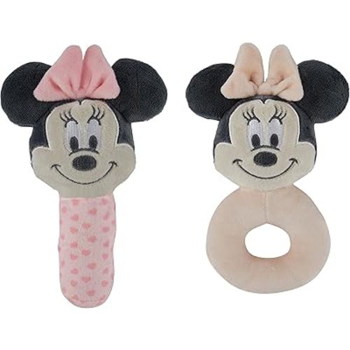 Disney Minnie Mouse Assorted Plush Lovie Rattle Set Pack of 2 - Soft and Cuddly Plush Material, Built-in Rattle for Sensory Stimulation,Vibrant Colors and Intricate Details