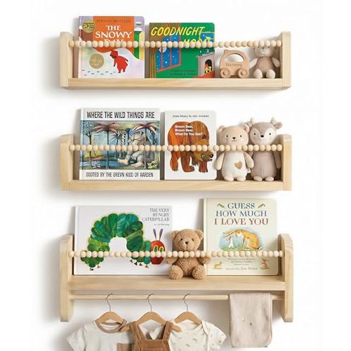 Nursery Book Shelves for Wall Set of 3, Natural Wood Bookshelves Wall Decor, Small Floating Shelf Organizer for Kids Room, Bedroom, Kitchen Spice Rack