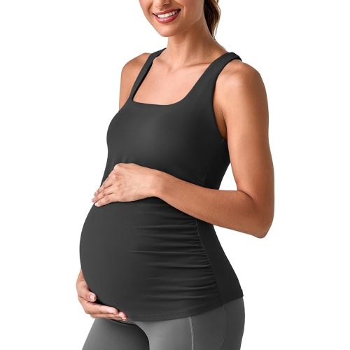 G4Free BareFeel Maternity Racerback Tank Tops with Built in Bra Ruched Sleeveless Square Neck Pregnancy Yoga Workout Shirts