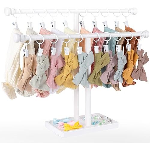 POVETIRE Headband Holder Stand Storage for Baby, 2 Tier Wooden Bow Organizer for Girls Hair Bows, Infant Hair Accessories Rack Display for Nursery Decor