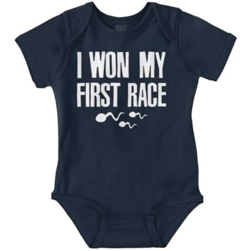 Brisco Brands Funny I Won My First Race Joke Baby Romper Boys or Girls