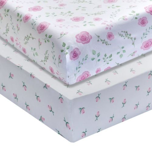 Everyday Kids 2 Pack Fitted Girls Crib Sheets, Soft Breathable Microfiber, Fits Standard Crib Mattress 28"x52", White & Pink Floral Design