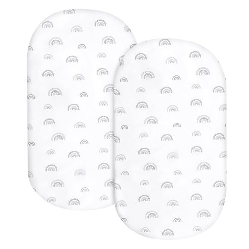 Bassinet Sheet Set 2 Pack Fitted Bassinet Sheets for Baby Boy Girl, Universal Microfiber Soft Cradle Sheets for Oval Rectangle and Hourglass Bassinet Mattress, Gray Rainbow