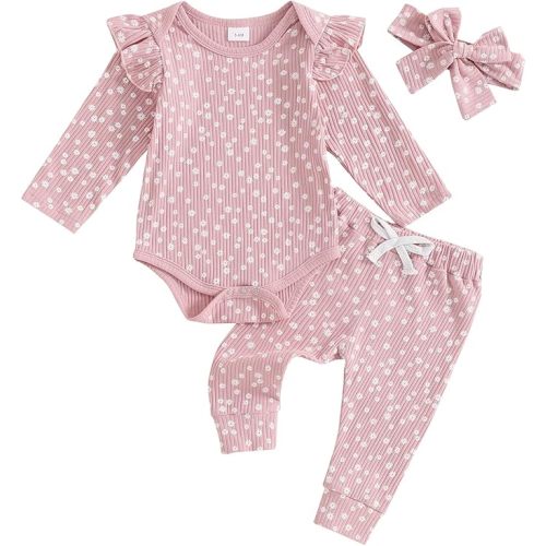 Mandizy Baby Girl Clothes Ribbed Ruffle Long Sleeve Romper Pant Set Newborn Infant Fall Winter Floral Print 3Pcs Outifts - Pink - 0-3 Months