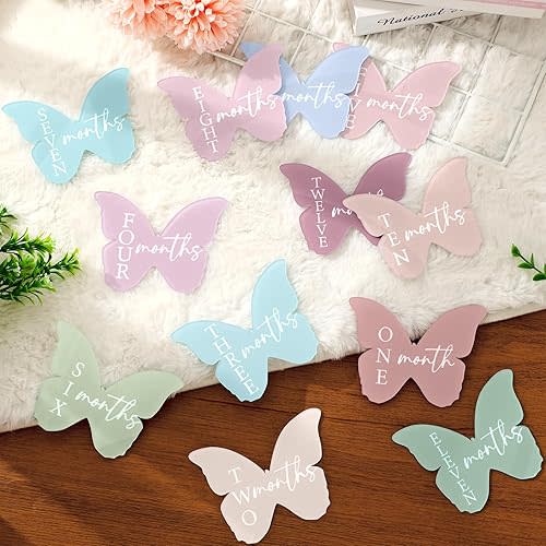 Acrylic Baby Monthly Milestone Butterfly Markers Disc Pastel Newborn Baby Announcement Sign for Pregnancy Baby Shower Party Gift, 12 Pcs