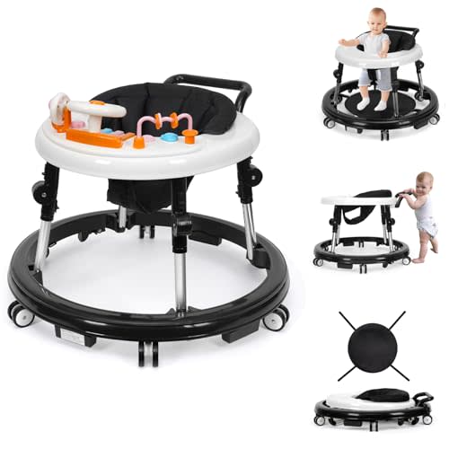 HolyBase Music and Lights Baby Walker Foldable with 9 Adjustable Heights, Baby Walker with Wheels Portable, Infant Toddler Walker for Baby Boy Girls 6-18 Months