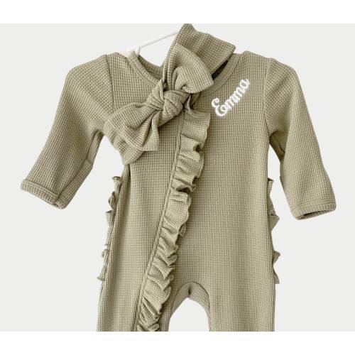Baby Girl Outfit Size 3M-9M Coming Home Outfit for Baby Girls - Newborn Waffle Knit Ruffled Footie With Bow - Hospital Outfit for Baby Girl