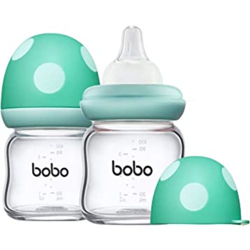 YOHKOH Natural Glass Baby Bottle with Natural Response Nipple, Newborn Anti-Colic Baby Bottles, Wide Neck Mushroom Cap Baby Bottle, Clear (3.4oz (Pack of 2), Blue)