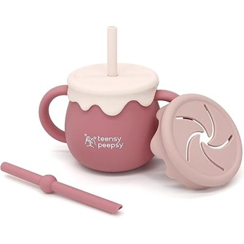Honey Jar Pot 3-in-1 Silicone Training Cup 8.5oz, Baby Sippy Cup with Straw & Snack Cup for 6 months+ Straw Cup for Baby Girl Gift, Open Cup Toddler Smoothie Drinkware (Pretty in Pink)