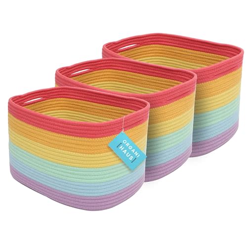 OrganiHaus 3-Pack Rope Rainbow Storage Baskets for Shelves | for Classroom and Nursery | Storage Bins & Toy Organizer for Baby Room