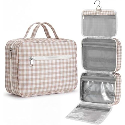 Klyyo Hanging Toiletry Bag for Women, Gingham, Brown