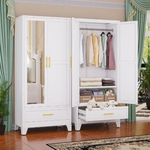 BALHAM TRADE-71 Inch Steel Armoire Wardrobe Closet with Mirror Doors Hanging Rod Drawer Adjustable Shelf Drawer White-1Pcs 17.71"D x 31.5"W x 71"H