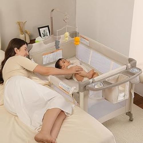 Pack and Play, Baby Bassinets Bedside Sleeper, Portable Crib, Diaper Changing Table & Baby Play Yard - Breathable Mesh & Steel Frame - Foldable for Newborn to Toddler (Cream Color)