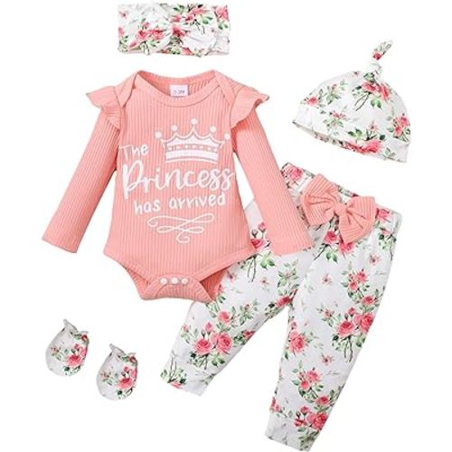 Sinhoon Newborn Baby Girl Clothes Hello I'm New Here Letter Romper+Floral Pants+Hat+Headband+Coming Home Outfits