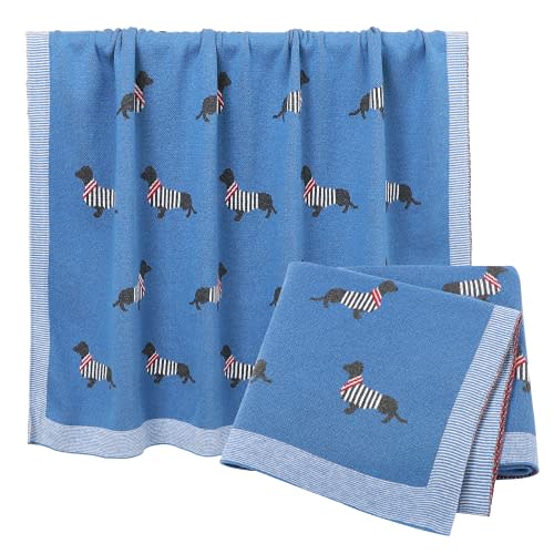 Opewod Baby Blanket Knitted 100% Cotton Soft Blankets for Newborn Boy Girls Cute Dog Dachshund 30x40 inches Jean Blue