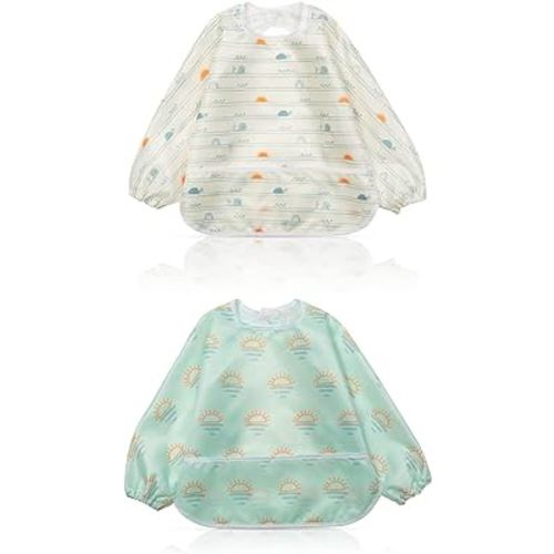 Little Dimsum Mess-Proof Baby Bibs|Infant Toddler Long Sleeve Waterproof Feeding Art Smock|Catching Food & Wipe Clean| Pack of 2 Colors