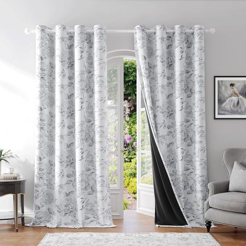 Beauoop Floral 100% Blackout Curtains 96 Inches Long 2 Panels for Bedroom Living Room Grey White Farmhouse Rose Flower Patterned Room Darkening Thermal Grommet Top Window Treatments Drapes, 50X96