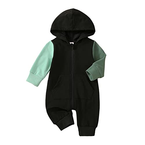 BemeyourBBs Newborn Baby Boy Clothes Color Block Long Sleeve Zipper Hooded Romper with Pocket Fall Winter One Piece Outfits
