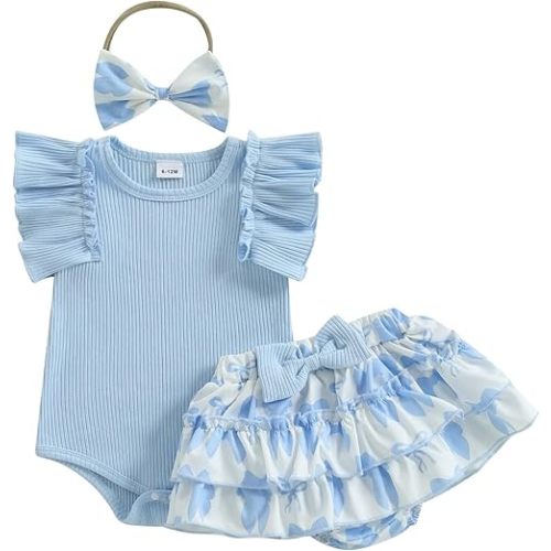 Baby Girl Clothes Summer Infant Floral Outfit Ruffle Sleeve Knitted Romper + Layered Bloomers Shorts + Headband