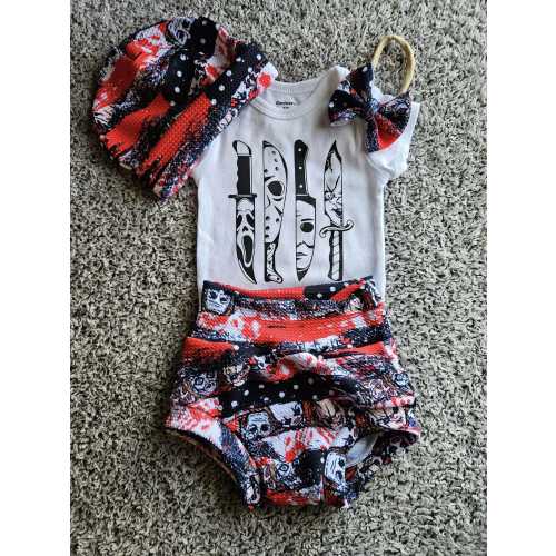 Baby outfit,baby bummies,bummie shorts,Horror Fan, Horror Movie Fan,Scary, Spooky Season, Halloween, Baby shower gift,Handmade,Ready to ship