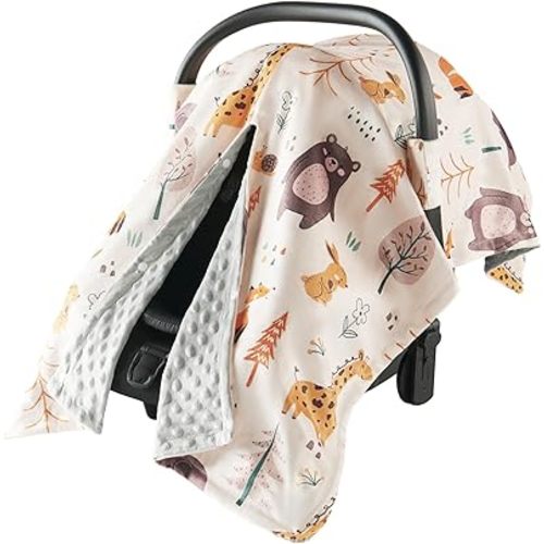 Infant Car Seat Cover Winter Minky - Baby Car Seat Canopy with Snap Peekaboo Opening, Multi-Use as Stroller Cover, Nursing Cover and Baby Blanket for Boys Girls (Animal Party)