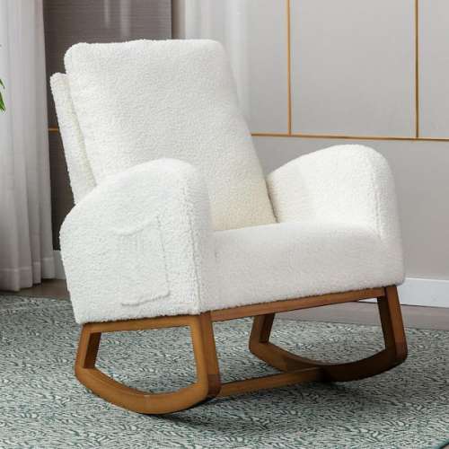 Modern White Teddy Solid Wood Rocking Arm Chair with Rubber Pad and Side Pocket