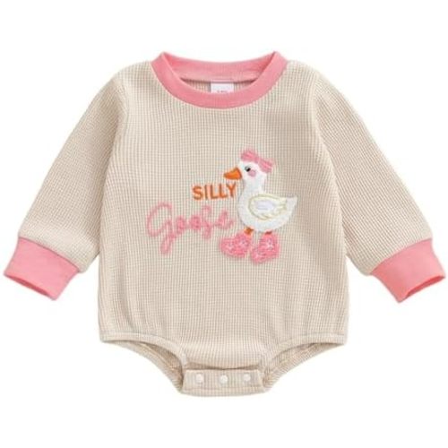 Yuemengxuan Baby Girl Fall Outfit Long Sleeve Crew Neck Goose Embroidery Romper Cute Newborn Waffle Bodysuit Winter Clothes