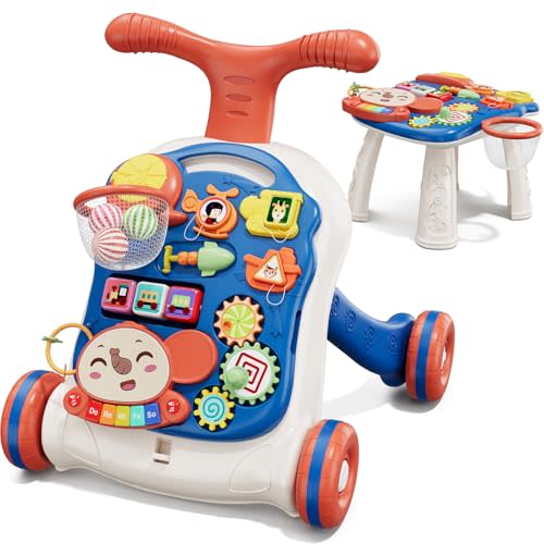 QDRAGON 3 in 1 Baby Walker and Activity Center for Boy, Learning to Walk, Sit to Stand, Early Educational Push Toys with Music Panel for Infant Toddler 12+ Months Blue