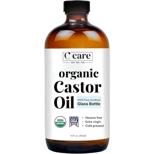 Castor Oil Organic Cold Pressed Unrefined Glass Bottle USDA Certified 100% Pure Organic Castor Oil Hexane Free Extra Virgin for Hair Growth Eyebrows Eyelashes Skin Use with Castor Oil Pack Wrap