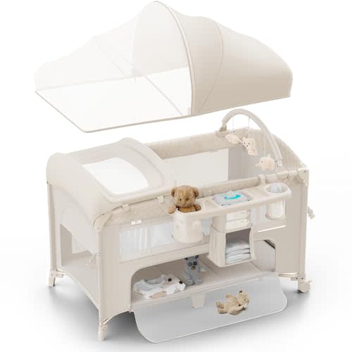 Obee Odee 4 in 1 Baby Bassinet, Pack and Play, Bedside Crib Sleeper, Diaper Changer - Comes with Mattress, Mosquito Net，Bottom Storage and Toy Bar for Newborn to Toddles