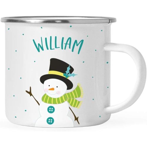 Andaz Press Personalized Name 11oz. Kids Christmas Hot Chocolate Stainless Steel Campfire Coffee Mug, Snowman Family Top Hat, 1-Pack, Custom Child’s Birthday Xmas Cup