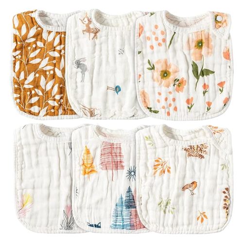 Zainpe 6Pcs Muslin Cotton Bibs for Baby Flower Bunny Deer Adjustable Machine Washable Neutral Burp Cloths with 6 Absorbent Soft Layers for Unisex Infant Newborn Toddler Drooling Feeding Teething - Yellow