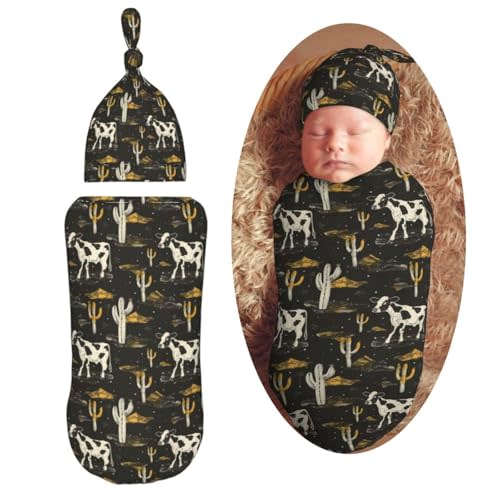 Muishi Western Cow and Cactus Newborn Swaddle Blankets Hat Sets Soft Baby Receiving Blanket Swaddle Sack for Baby Shower Infant Boy Girl Gift