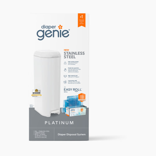 Diaper Genie Platinum Stainless Steel Diaper Pail with Easy Roll Refill Bags - White, Unscented