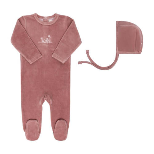 Velour Embroidered Flowers Collection - Footie + Bonnet