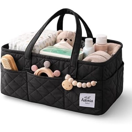 Adonia & Co Diaper Caddy Organizer – Large Nursery Storage Basket for Newborn Essentials – Portable & Machine Washable (Black)