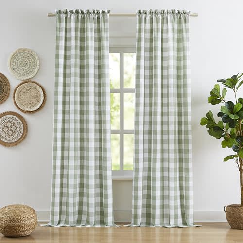 Sage Green Buffalo Plaid Semi Sheer Curtains 84 Inches Long | Buffalo Check Cottage Drapes for Bedroom Living Room Nursery,Farmhouse Checkered Window Treatment,Rod Pocket,40"Wx84"Lx2