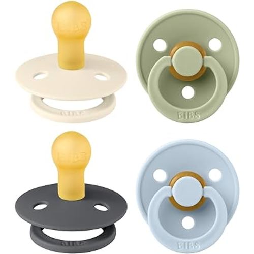 BIBS Colour Soother 4-Pack | BPA Free Dummy Pacifier | Round Nipple | Natural Rubber Latex | Made in Denmark | Size 0-6 Months | Iron Mix