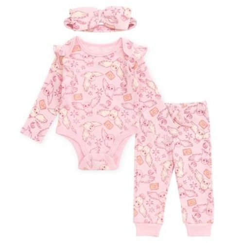 Harry Potter Hedwig Newborn Baby Girls Ribbed Bodysuit, Jogger Pants and Headband 3 Piece Outfit Set Blush Pink 0-3 Months