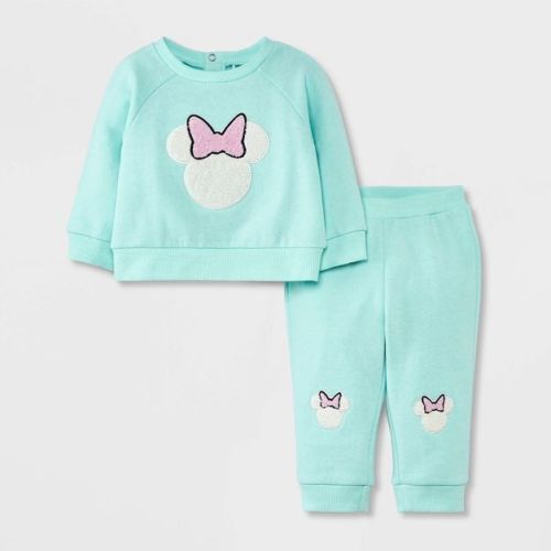 Baby Girls' Disney Minnie Mouse Chenille Patch Fleece Top And Pants Set - Green 6-9m