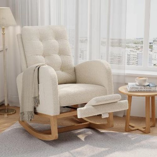 Cozy High-Back Nursery Rocking Chair, Upholstered Glider Armchair for Living Room in Teddy - White with Footrest