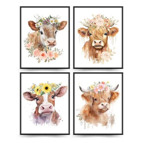 ETVISO Highland Cow Wall Art Prints Set of 4, Cows Pictures Wall Decor for Western & Highland Cow Lovers, Nursery Decor, Baby Shower Decorations 8x10 (Unframed)