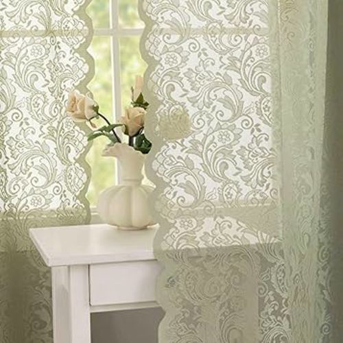 ALIGOGO Sage Green Sheer Curtains 63 Inch Length for Bedroom Living Room, Light Filtering Boho Vintage Floral Lace Window Curtains Farmhouse Privacy Scalloped Edges, 52 x 63 Inch, Sage Green