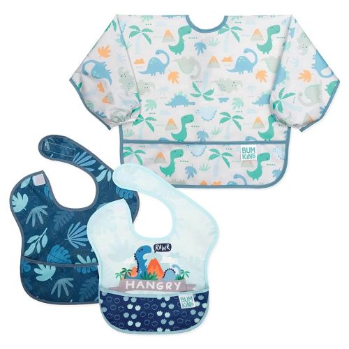 Bumkins - SuperBibs + Sleeved Bib - For Boys & Girls, Babies & Toddlers 6-24 Months - Lightweight, Durable, Waterproof - Catch-All Pocket - Wipeable & Machine Washable - Always Hangry Dinosaur -3 Pack