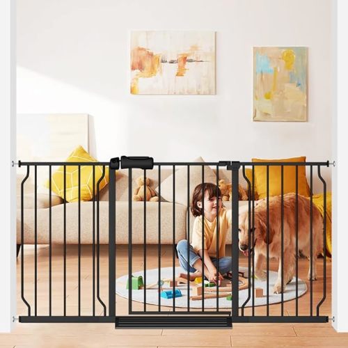 Extra Wide Baby Gate 57.5-62 Inch Black Walk THR Dog Gates Doorways House No Drill Pressure Mounted Auto Close Long Child Safety Gate for Kids and Pet