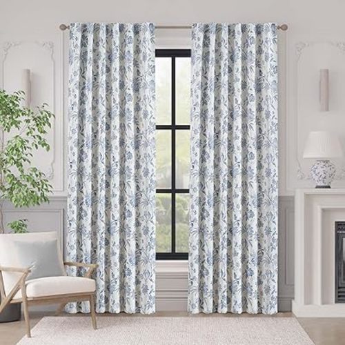 Vangao 100% Blackout Curtains for Bedroom 84 Inches Long, Floral Curtains for Living Room Printed Flower Blackout Drapes Rod Pocket Thermal Farmhouse Drapes Window Treatments, 2 Panels Blue and White