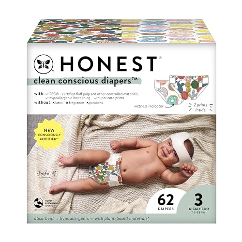 The Honest Company Clean Conscious Diapers for Sensitive Skin | Hypoallergenic, Fragrance Free | Gender Neutral Prints | Club Box, Size 3 (16-28 lbs), 62 Count