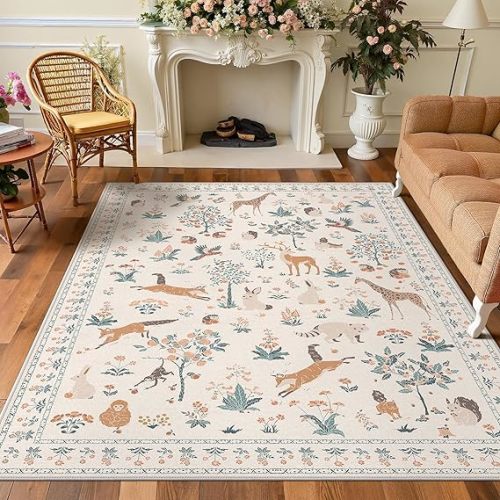 Woodland Animal Rug 5x7 Washable Area Rug Soft Low Pile Non Slip, Nature Inspired Large Carpet for Living Room, Kids Playroom, Nursery, Office (Beige, 5'x7')